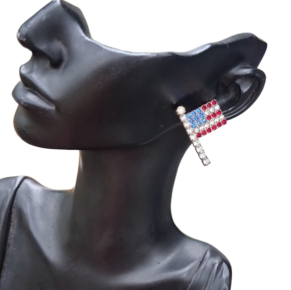 Vintage Rhinestone American Flag Pin & Earrings Set - Picture 2 of 6